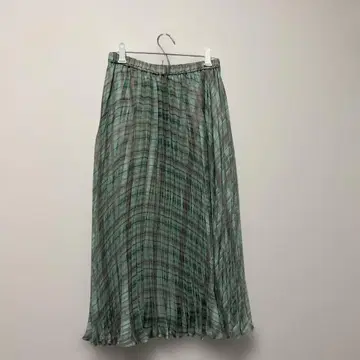 COMME CA 코무사 민트 그린 체크 무늬 플리츠 롱 스커트