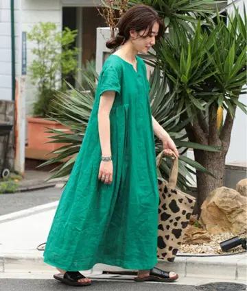 Ray BEAMS 마 혼방 백 턱 키 넥 원피스 A 라인 그린