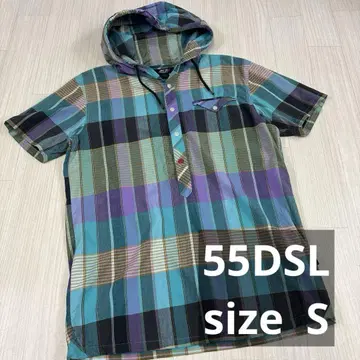 55DSL 후드티 하프 버튼 체크 무늬 올드 반팔 셔츠