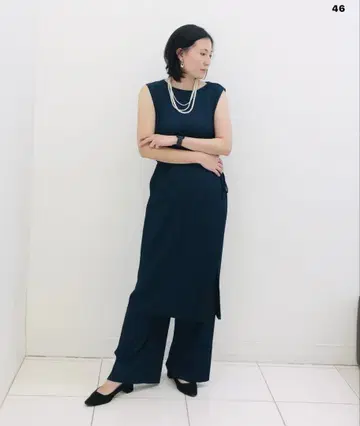 유니클로 플리츠 원피스 팬츠 세트 블루