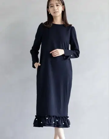 아메노치하레 펄&프릴 긴팔 원피스 네이비 M 사이즈