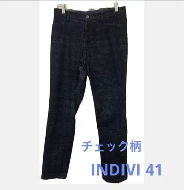 INDIVI 네이비 체크 무늬 코듀로이 팬츠 41 빅 사이즈
