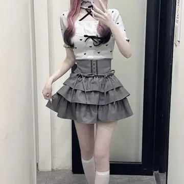 허니뮤우 티어드 프릴 스커트 그레이