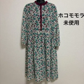 미사용 호코모모라 리프 프린트 파이핑 롱 원피스 긴팔 봄 가을