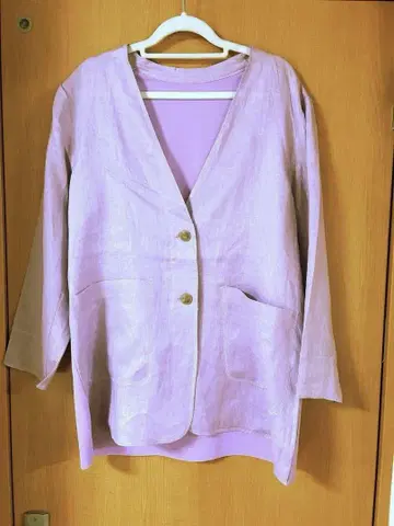린넨 혼합 연보라 노카라 자켓