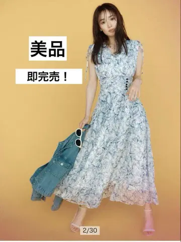 라인 플라워 프린트 원피스 꽃무늬 블루 SS 0
