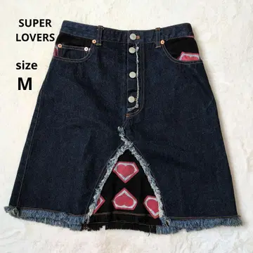 SUPER LOVERS 데님 스커트 하트 무늬 프린지 커팅