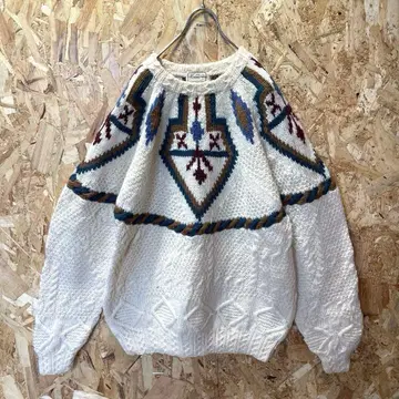 90s 빈티지 구제 의류 인디언 디자인 아란 니트 화이트