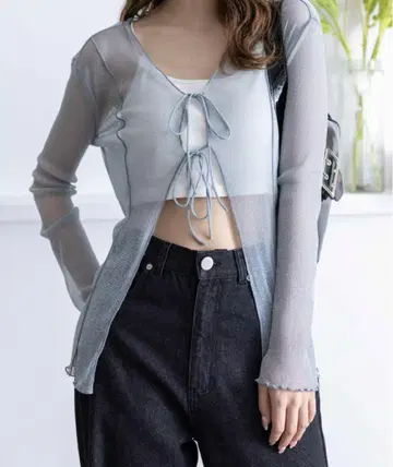 clear 라메 시어 리본 포함 긴팔 가디건