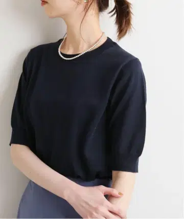 IENA 코튼 린넨 반팔 크루넥 풀오버 네이비