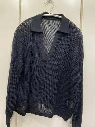 블랙 메쉬 편직 폴로 옷깃 긴팔 상의