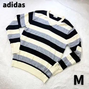 아디다스 자수 로고 멀티 보더 무늬 울 100% V넥 니트 스웨터 M