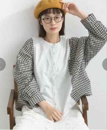 lupilien 루필리안 체크 면직 x 쭈리 밑단 드로스트 절개 셔츠