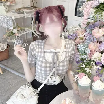 honey mew 깅엄 체크 상의 미셸 마카롱 프리 그레이