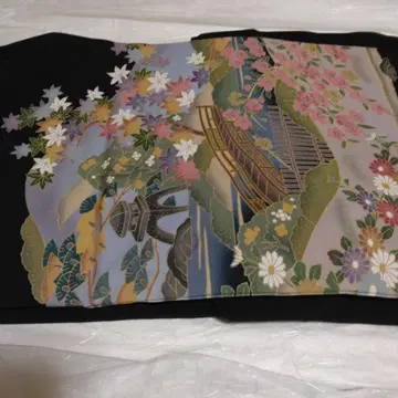 블랙 전통 예복 기모노 꽃무늬 풍경 실크