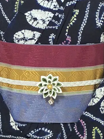 반폭 오비 본바 치쿠젠 하카타 삼색 줄무늬와 기하학 순수 실크