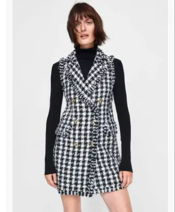 [ 새상품급 ] ZARA 자라 트위드 하운드투스 베스트 롱 베스트
