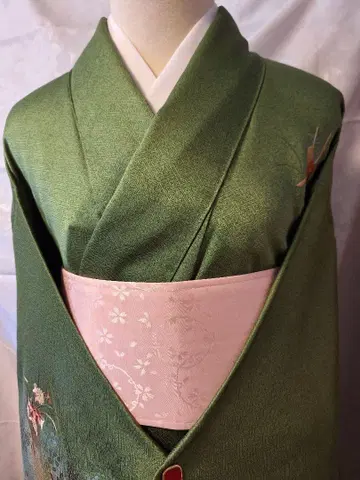 그린 컬러 꽃무늬 자수 츠케사게 순수 실크 기모노