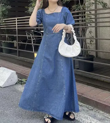 프로즈 베일 스퀘어넥 퍼프 슬리브 데님 원피스