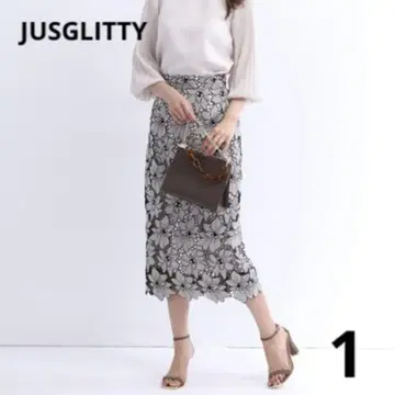 새상품급 JUSGLITTY 배색 레이스 타이트 스커트 꽃무늬 엘레강트