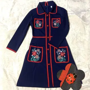 구제 의류 자수 무당벌레 버튼 원피스 네이비 레트로 귀여운