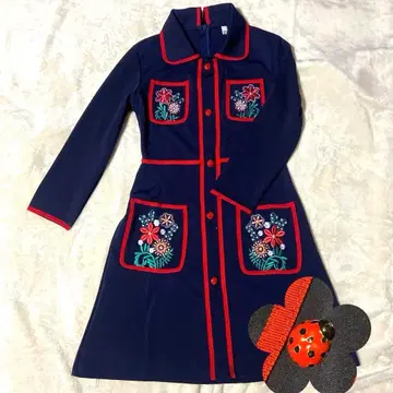 구제 의류 자수 무당벌레 버튼 원피스 네이비 레트로 귀여운