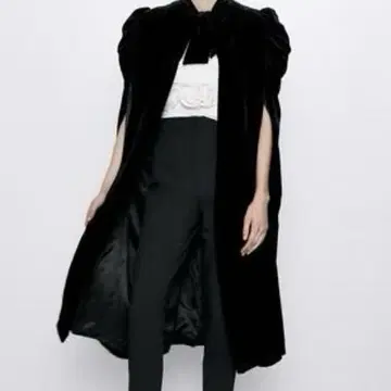 새상품 ZARA 리본 포함 블랙 벨벳 롱 판초 케이프 망토
