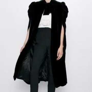 새상품 ZARA 리본 포함 블랙 벨벳 롱 판초 케이프 망토