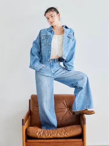 [L.B CANDY STOCK] 비쥬 스터드 와이드 데님 팬츠