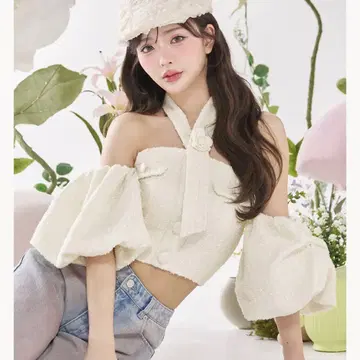 darich 홀터넥 오프숄더 트위드 상의