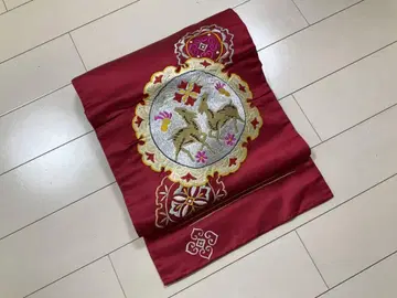 C509 앤티크 순수 실크 빨간색 눈꽃 문양에 사슴 전 자수 나고야 오비