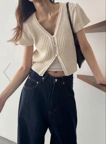 CANAL JEAN 와이드 리브 퍼프 슬리브 가디건