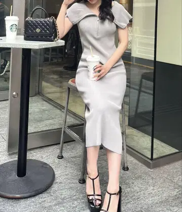 빅 칼라 하프 ZIP 타이트 원피스 그레이 로얄 파티 zozo