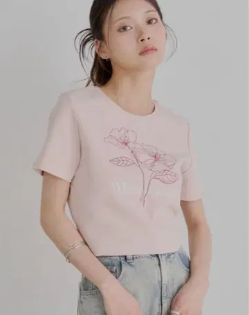 꽃무늬 프린트 반팔 T셔츠 핑크