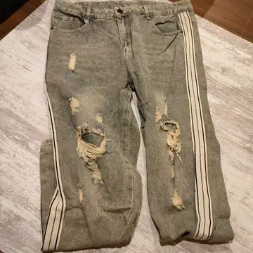 데미지 가공 그레이 데님 팬츠