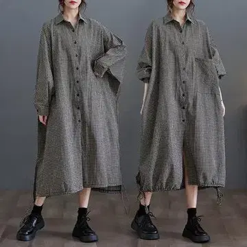 체크 셔츠 원피스 빅 사이즈 루즈핏 원피스 롱 슬림 성인 긴팔 한국