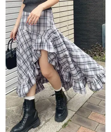 EVRIS 랜덤 체크 비대칭 스커트