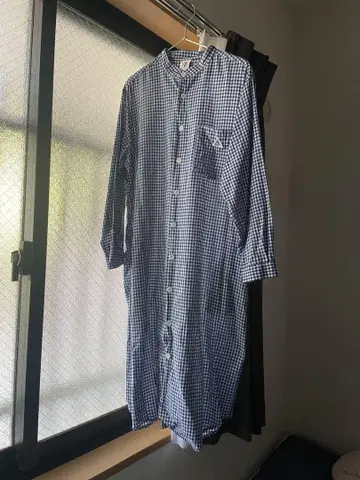 네이비 화이트 깅엄 체크 롱 셔츠 원피스