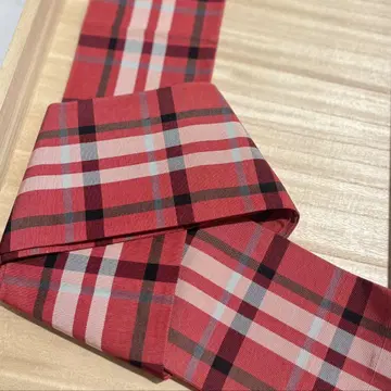 붉은 계열의 포근한 색상 체크 무늬 반폭 오비 짧은 길이