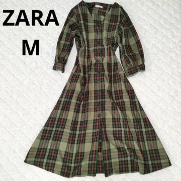 [ ZARA ] 새상품급 체크 무늬 V넥 롱 원피스 M 그린 x 빨간색