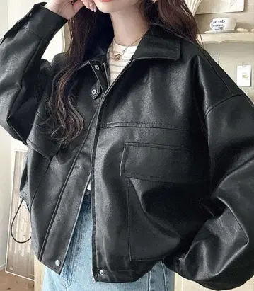 빈티지 스타일 매트 인조 가죽 2WAY 칼라 숏 블루종