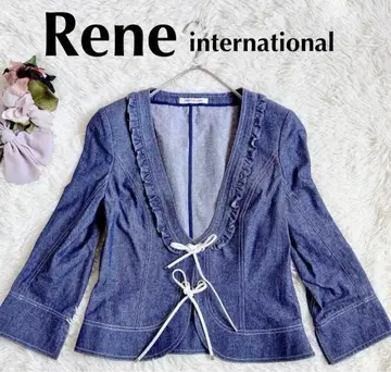 [ 컨디션 최상 ] Rene 프릴 리본 숏 데님 자켓 노카라
