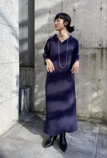 후드 부착 니트 롱 원피스