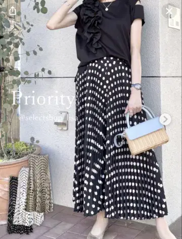 priority 프라이오리티 도트 플리츠 가우초 팬츠