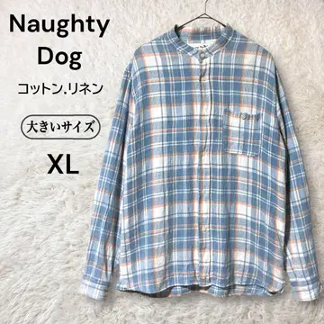 Naughty Dog 밴드 카라 셔츠 코튼 린넨 체크 스카이블루 XL