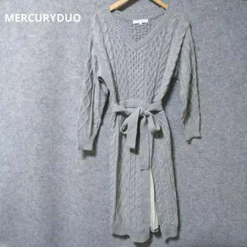 MERCURYDUO 그레이 니트 롱 원피스 긴팔 허리 리본 포함