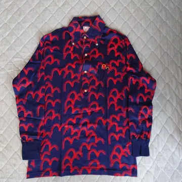 EVISU 긴팔 피케 셔츠 네이비/레드 파도 무늬