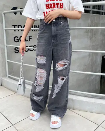 그레이 데미지 가공 하이웨스트 팬츠