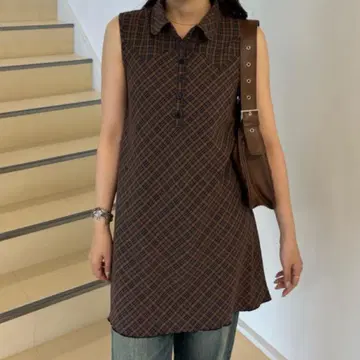tina jojun 체크 무늬 슬리브리스 원피스 네이비