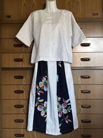 유카타 리메이크 반팔 티셔츠 턱 기저귀 스커트 셋업 핸드메이드